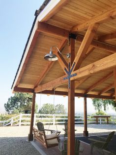 an outdoor covered patio with chairs and lights