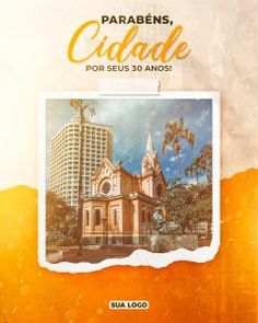 an advertisement for a church in the middle of a city with palm trees and buildings