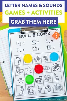 a clipboard with the words games and activities on it next to a binder that says grab them here