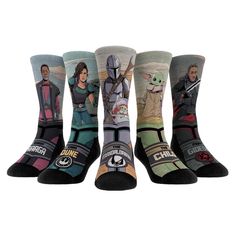 five pairs of star wars socks with characters on them