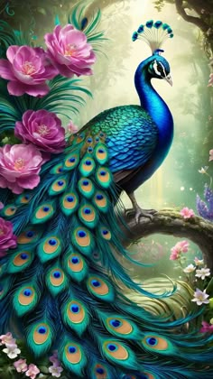 a painting of a peacock with flowers in the background