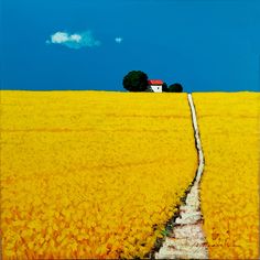 a painting of a yellow field with a house in the distance