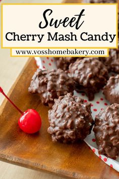 close up of chocolate candy on a plate and a cherry sitting next to the candy. Text at the top of the photo reads "Sweet Cherry Mash Candy" and it also includes the website to find the recipe that reads "vosshomebakery.com" Joanna Gaines Cherry Mashers Candy, Cherry Mashers Joanna Gaines, Cherry Truffles Recipe, Cherry Balls Recipe, Cherry Mashers Candy, Cherry Mash Bars, Wisconsin Fairy Food, Cherry Mash Truffles, Cherry Blossom Recipe