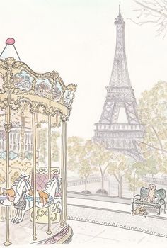 a drawing of a carousel in front of the eiffel tower with people sitting on it