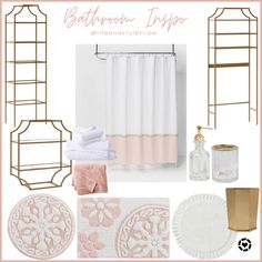 bathroom mood board with pink and gold accents, including shower curtain, rugs, toilet paper roll, soap dispenser