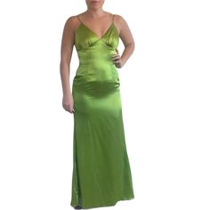 Style 150238 New With Tags B46 Formal Green Evening Dress For Summer, Formal Green Summer Evening Dress, Green V-neck Satin Evening Dress, Green Satin Dress With Fitted Bodice For Formal Events, Green Satin Dress With Fitted Bodice For Formal Occasions, Green Satin Evening Dress For Gala, Silk V-neck Gown For Formal Occasions, Green Spring Evening Dress For Gala, Green Silk Satin Dress For Formal Occasions