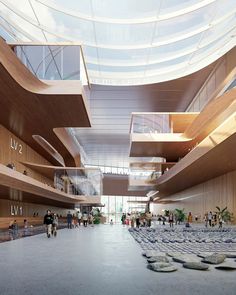 people are walking around in the lobby of an office building with large wooden walls and glass ceiling