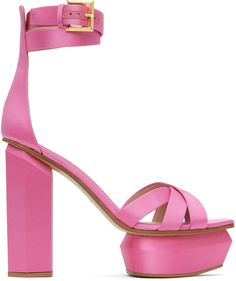 Satin heeled sandals in pink. Logo stamp at buffed calfskin footbed. · Open square toe · Criss-crossing straps at vamp · Wraparound pin-buckle ankle strap · Sculptural covered platform midsole · Covered block heel with rubber injection · Leather sole · Platform: H1.5 in · Heel: H5 in Supplier color: Vieux rose Satin Heels, Pink Logo, Logo Stamp, Heeled Sandals, Women's Shoes Sandals, Block Heels, Calf Skin, Ankle Strap, Apparel Accessories