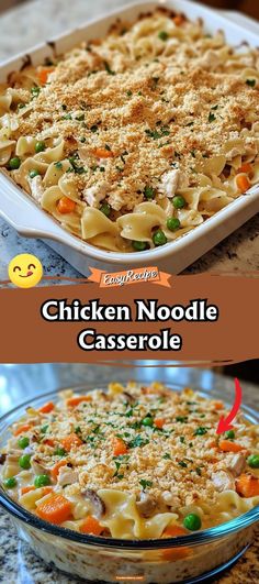 chicken noodle casserole is shown in two different pans with the same topping