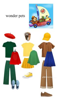 an image of children's clothing and shoes with the words wonder pets on them