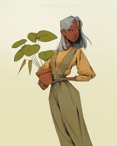 a woman holding a potted plant in her right hand