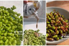 three pictures showing different types of green beans