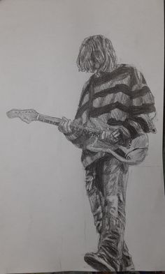 a drawing of a person with a guitar in his hand and wearing a striped shirt