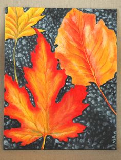 a painting of two autumn leaves on a black background, one is orange and the other is yellow