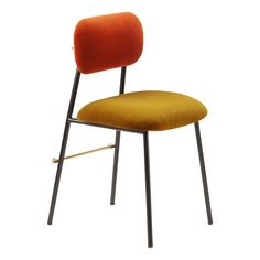 an orange chair with metal legs and a seat cushion on the back, against a white background