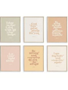 six framed art prints with different sayings on the front and back of each one