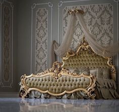 an ornate gold bed with white drapes and curtains