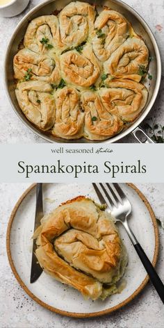 two plates with food on them and the words spanakopita spirals above it