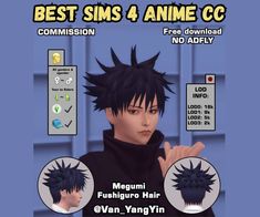 an anime character with black hair is shown in front of a blue background and the caption says best sims 4 anime cc