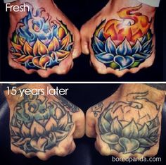 two hands with tattoos on them, one showing the same color and the other showing different designs