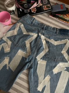 Aesthetic Painted Pants, Jean Thrift Flip, Thrift Flip Pants, Diy Pants Paint, Jeans Thrift Flip, Redesign Clothes Diy, Thrift Flip Clothes Diy, Thrift Flipping