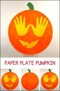 Picture of a Pinterest pin showing a completed paper plate pumpkin craft. Mini Pumpkin Decorating Ideas For Kids, Paper Plate Pumpkin Craft, Paper Plate Pumpkin, Pumpkin Craft For Kids, Pumpkin Crafts Preschool, Pumpkins Preschool, Easy Halloween Craft, Preschool Crafts Fall