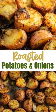 roasted potatoes and onions with text overlay