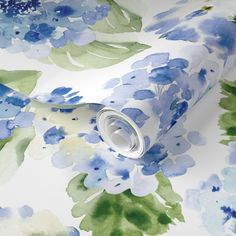 blue and green floral wallpaper with watercolor flowers on pink background, close up