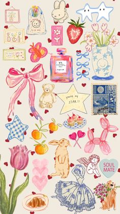 an image of various stickers with flowers and animals on them, such as hearts