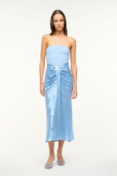 STAUD MIDI WAYFARING DRESS AZURE Pre-draped Satin Strapless Cocktail Dress, Pre-draped Strapless Midi Dress For Formal Occasions, Pre-draped Ruched Strapless Dress For Formal Occasions, Formal Pre-draped Strapless Dress With Ruched Details, Fitted Silk Strapless Dress With Ruched Bodice, Formal Pre-draped Ruched Strapless Dress, Formal Ruched Strapless Satin Dress, Formal Satin Strapless Dress With Ruched Detail, Pre-draped Ruched Strapless Dress For Gala