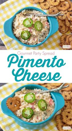 this is an image of a bowl of homemade party spread with cheese and jalapenos