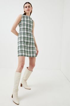 Nodding To The Perennially Fashionable 1960S Shift Dress, This Simply Cut Design Promises To Flatter Any Figure. It Shows Off A Fuss-Free, A-Line Fit Emboldened With Tweed Checks For A Dash Of Heritage Appeal And Makes An Iconic Partner For The Season'S Knee-High Leather Boots And Chunky Gold Hoops. 1960s Shift Dress, Shift Dress Styles, Tweed Shift Dress, Eco Clothing, Check Dress, Mod Fashion, Mini Shift Dress, Karen Millen, Shift Dress