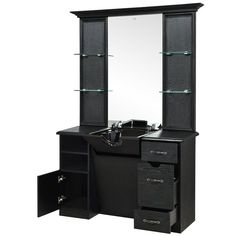 a black vanity with mirror and drawers