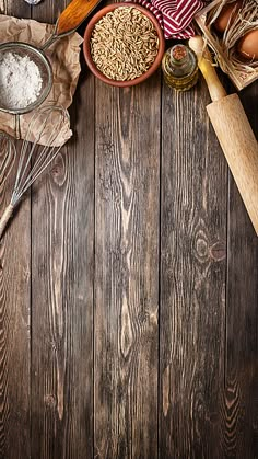 an overhead view of baking supplies on a wooden table