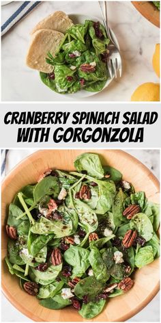 spinach salad with cranberries and pecans in a wooden bowl