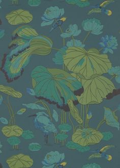 a blue and green wallpaper with leaves on it