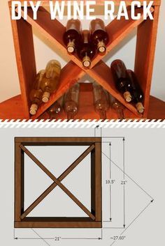 the wine rack is made from wood and has several bottles on it, as well as measurements