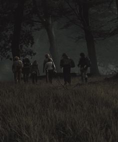 a group of people walking in the woods at night with their backs turned to the camera