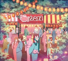 an anime scene with people standing in front of a food stand and lights hanging from the ceiling