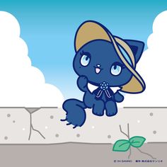 a blue cat with a hat is sitting on a ledge next to a green plant