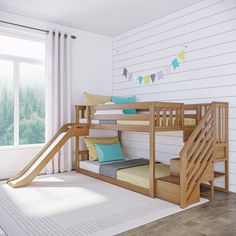 a bunk bed sitting next to a window with a slide on it's side