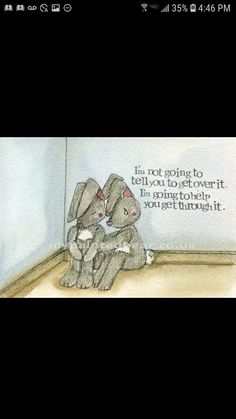 a drawing of two rabbits sitting next to each other on the floor with a quote above them