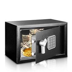 an open safe with money in it on a white background and clipping out the door