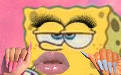 a woman's face with long eyelashes and eyeliners on it, next to a spongebob painting