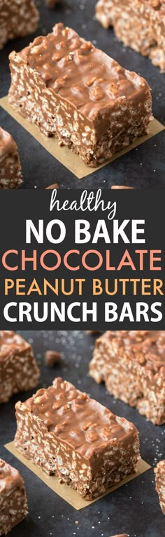 no bake chocolate peanut butter crunch bars on a baking sheet with text overlay