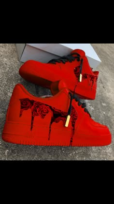 Red Custom Shoes, Custom Red Jordans, Custom Red High-top Nike Sneakers, All Red Nike Shoes, Custom Red Sneakers For Streetwear, Luxury Red Nike Custom Sneakers, Custom Jordan Shoes, Red Nike Shoes, Red And Black Shoes