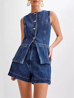 Women's Denim Long Vest Tops Button-up Back Slit Sleeveless Pocket Round Neck Waistcoat Denim Short Outfits, Weekend Getaway Outfits, Bbq Outfits, Vacation Fits, Diy Fashion Projects, Moda Denim, Denim Looks, Gilet Long, Trendy Denim