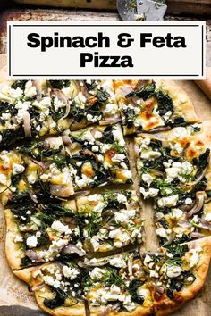 spinach and feta pizza on a wooden cutting board with the title overlay