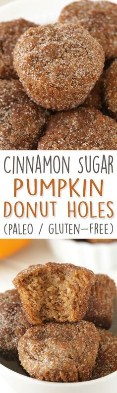 pale pumpkin donut holes stacked on top of each other in a white bowl with text overlay