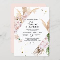 an elegant floral wedding save the date card with gold foil and watercolor flowers on it